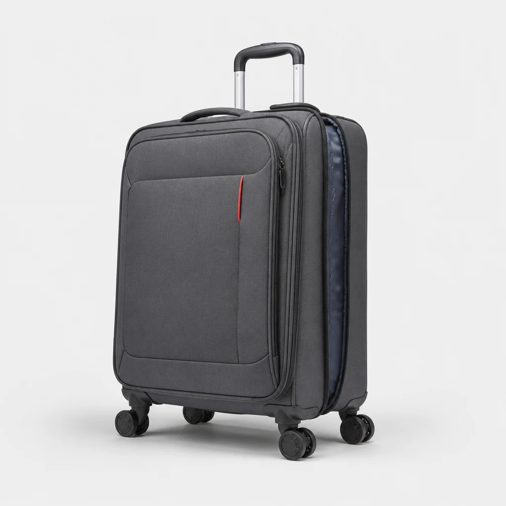 Expandable soft-shell trolley case with the expansion zip open