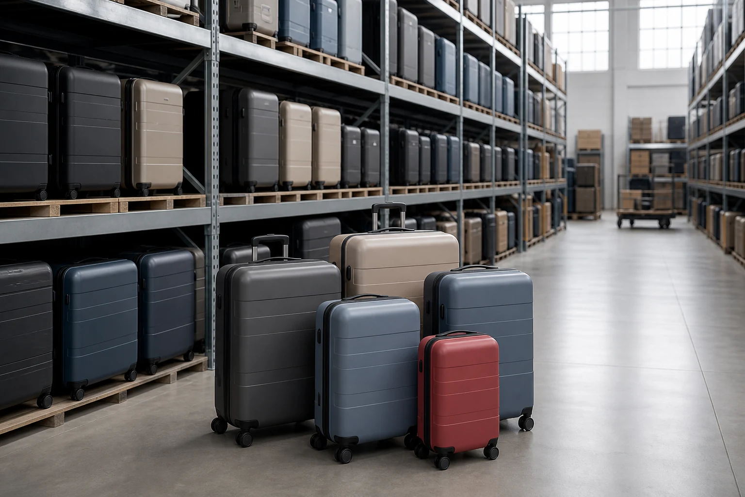 Rows of hard-shell suitcases stacked on warehouse racking