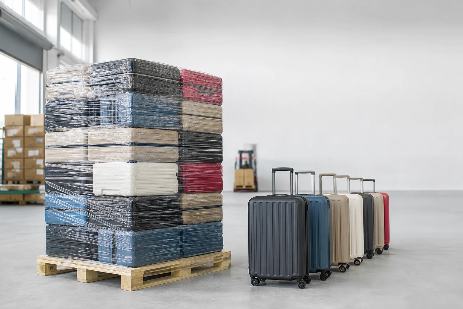 Cabin-size trolley cases lined up on a pallet ready for dispatch