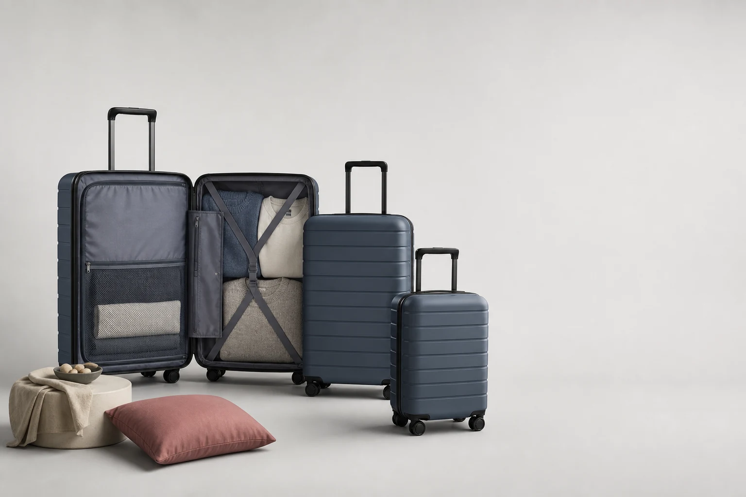 Nested three-piece suitcase set opened on a neutral studio background