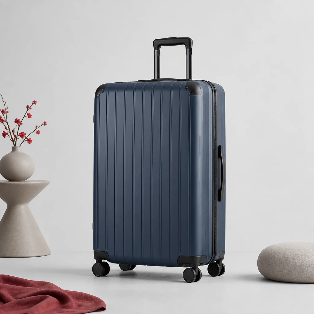 Large hard-shell suitcase with textured shell and four wheels
