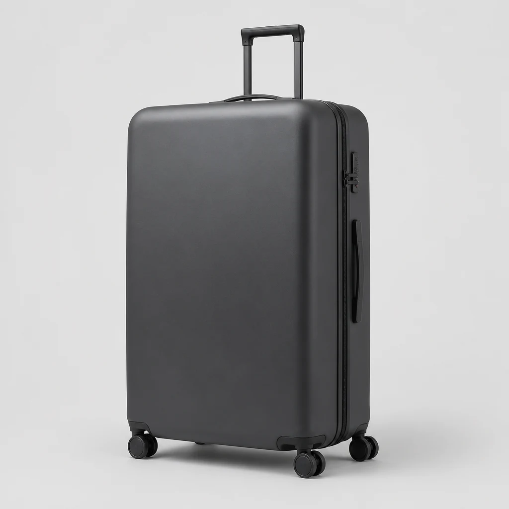 Extra-large hold-size hard-shell suitcase standing upright